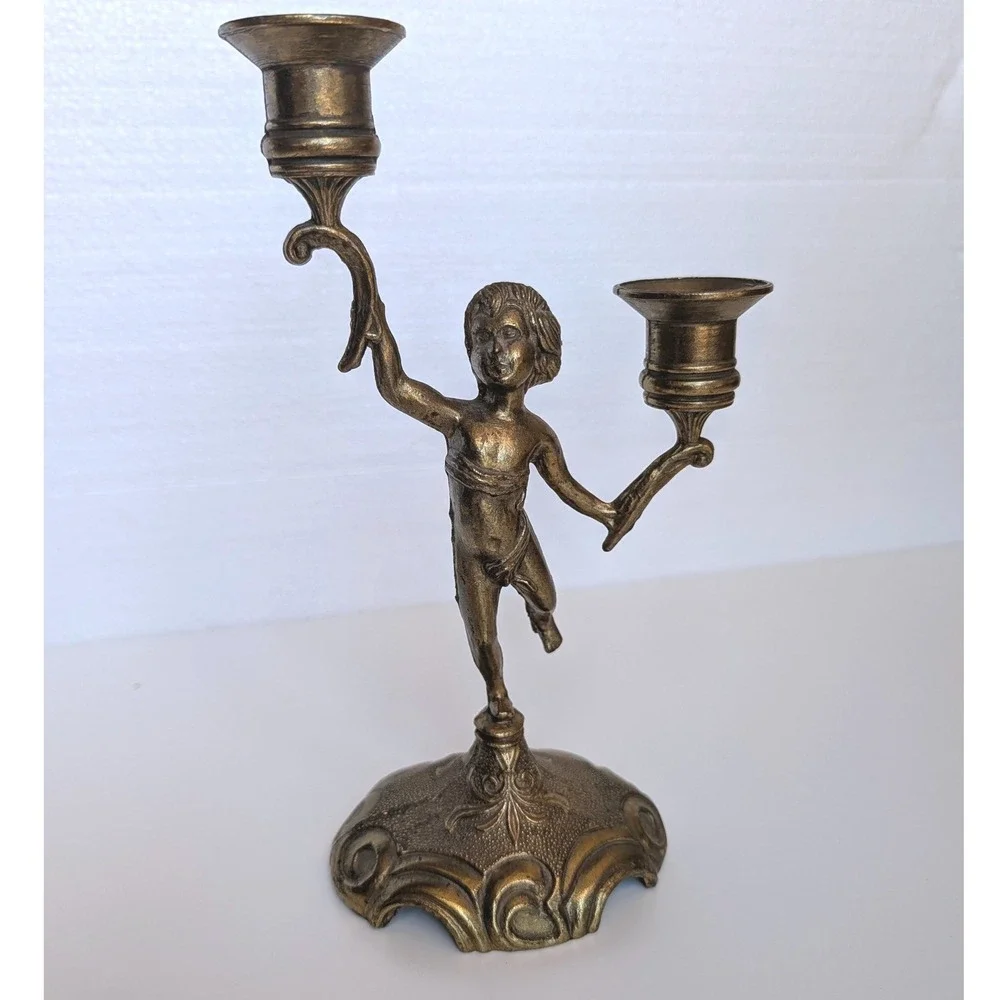 Solid Brass Cherub Candelabra Double Taper Candle Holder Putti Figure VTG